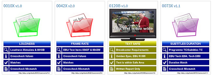 Five QC Item cards side by side, showing the green, red, blue, gold and purple card colours