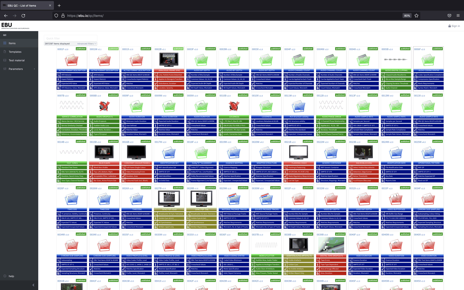 The qc.ebu.io Items view, showing the QC Item cards in a grid